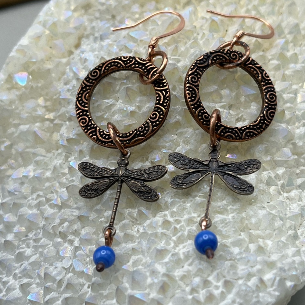 Artisan Dragonfly Copper and Blue Bead Dangle Accent Drop Earrings